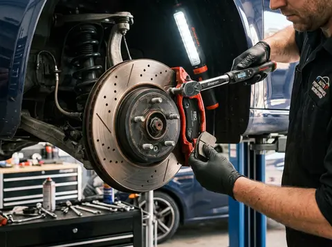 Illustration of a brake rotor and caliper on a workbench
