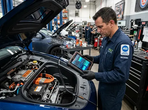 Illustration of a technician running computer diagnostics on a vehicle