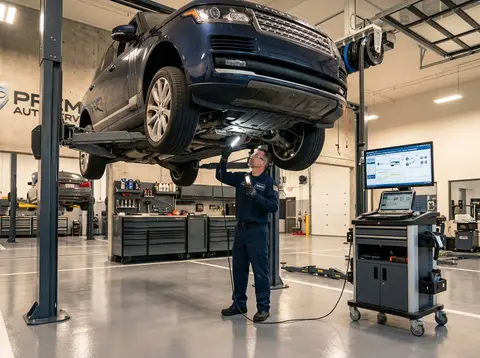 Illustration of a car raised on a two-post lift in a repair bay